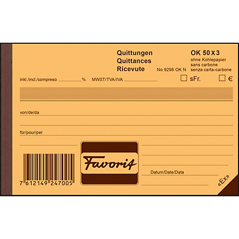 Yellow receipt block with inscriptions, including Favorit logo and barcode.