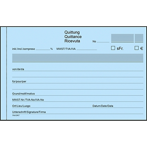 Blue receipt form with titles Quittung, Quittance and Ricevuta. Various text fields and checkboxes for information.
