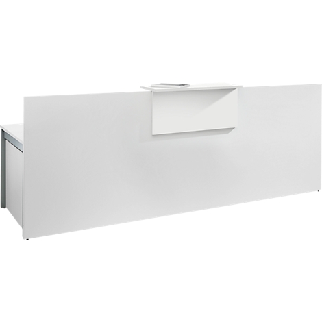Een witte receptiebalie met een klein verhoogd gedeelte voor documenten.