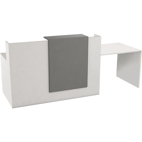 Een moderne, witte receptiebalie met een grijs voorpaneel en een zijwerkblad.