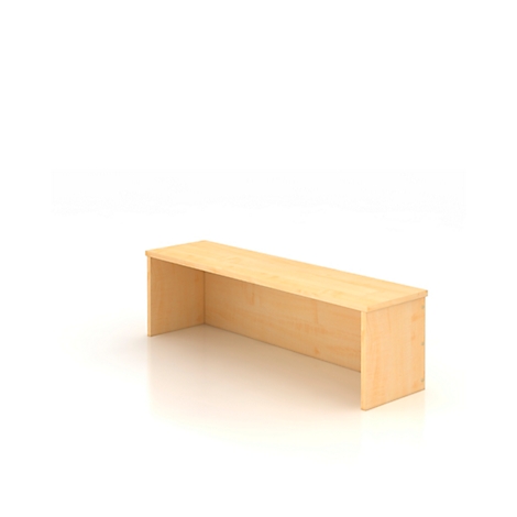 A beige, rectangular desk stands against a white background. It has two side panels and a wide work surface.