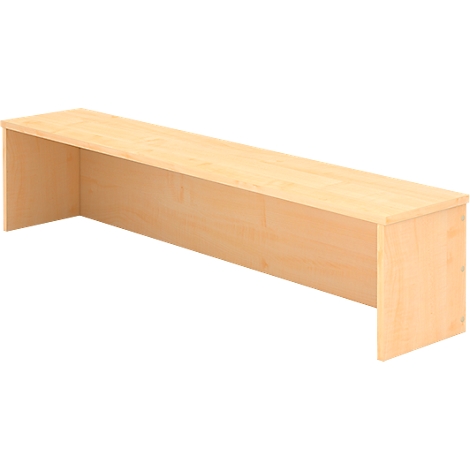 Light brown desk without drawers. The wood is light brown. The sides are closed.