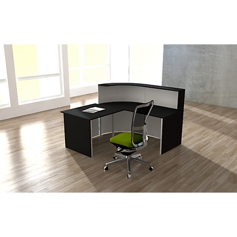 Black reception desk with chair in front of a light background, a book lies on the table.