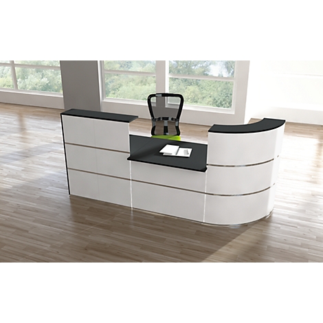 White reception desk with black shelf, behind it an office chair in front of a window.