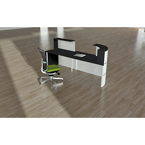 Black and white desk, green office chair. A book lies on the tabletop. Light wooden parquet. Light and shadow.