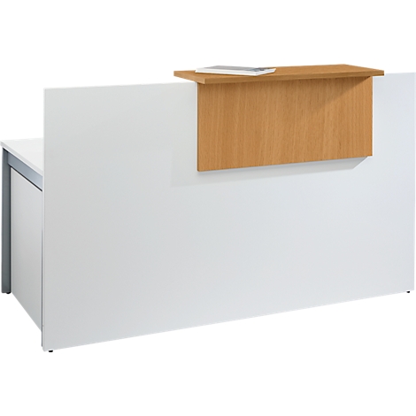 Modern, white reception desk with wood detail. Papers are on the wooden shelf.