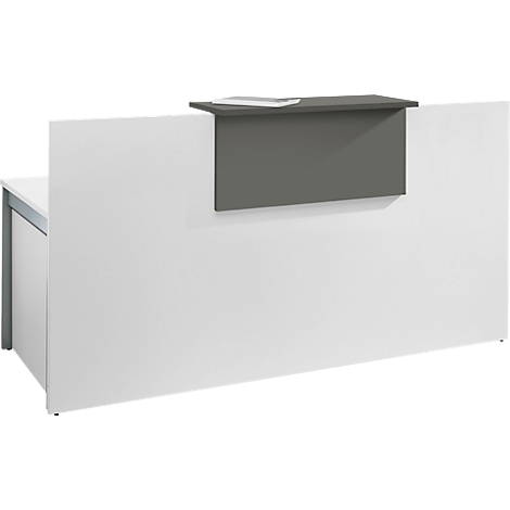 White reception desk with gray shelf, white in the background.