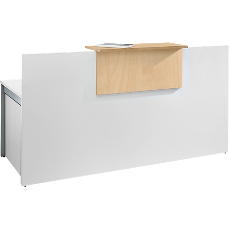 A white reception desk with a wooden panel holding a piece of paper.