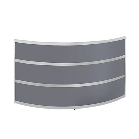 Curved room divider wall with grey elements and silver frames.