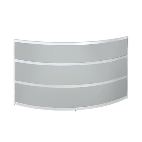 Grey, curved partition with three horizontal elements and white frames.