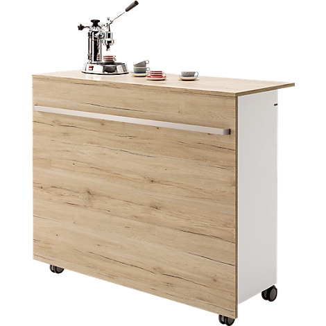 A mobile bar table with espresso machine, cups, wood look and castors.