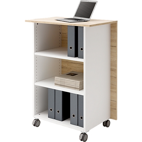 Rolling cart with wood top, laptop and file folders. Three shelves, gray folders, laptop, castors.