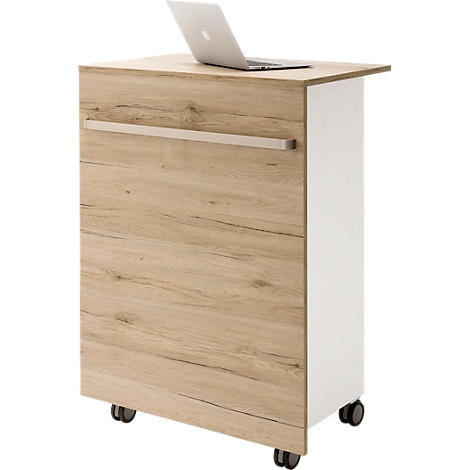 A mobile side table with wood look and white side panel, with a laptop on top.