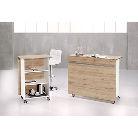 Two rolling carts with a wood look. One cart has shelves, the other a work surface. Behind it, a bar stool.