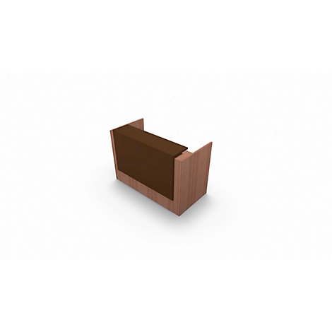 Brown wooden reception desk on a white background.