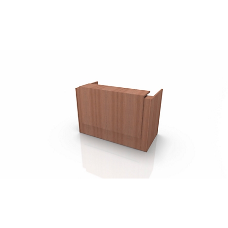 Wooden reception desk. Brown wood surface, with straight lines. Minimalist design. On a white background.