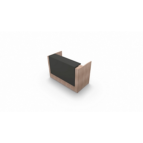 Wooden reception desk with black top. On a white background.