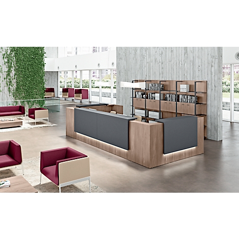 Modern reception desk with wood and grey tones, shelves behind and comfortable seating.