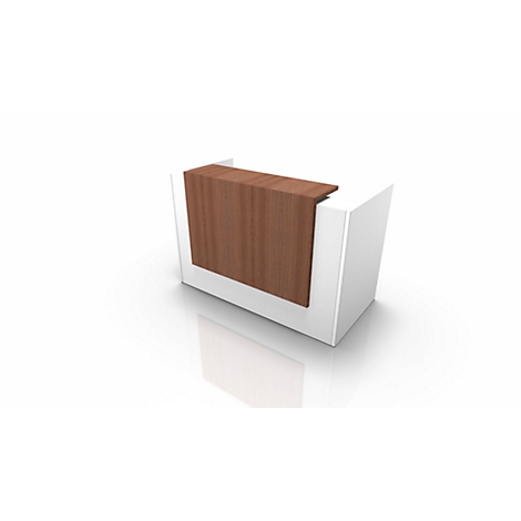 A modern reception desk with a wood look against a white background.