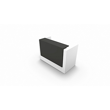 White reception desk with black top on a white background.