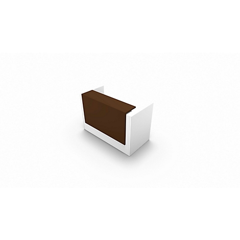 White reception desk with brown surface, front view.