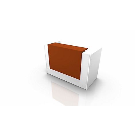 White reception desk with brown front and tabletop, against a white background.