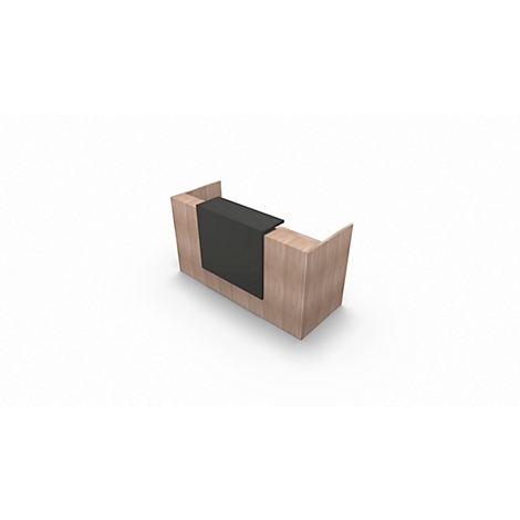 Wooden reception desk with a black storage, isolated on a white background.