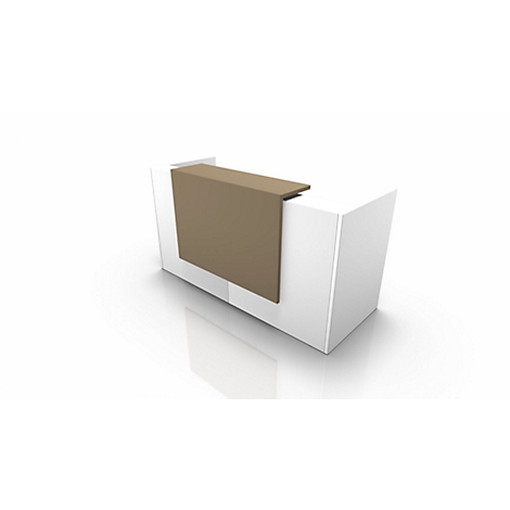 A white reception desk with a brown countertop.