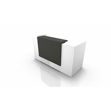 A rendering of a reception desk, white with a black front.