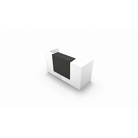 White reception desk with black insert. Minimalist design on white background.