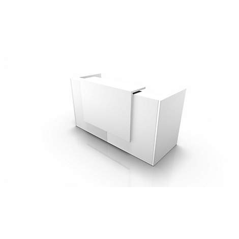 White reception desk, simple design, photographed slightly diagonally, on a white background. Reflection.