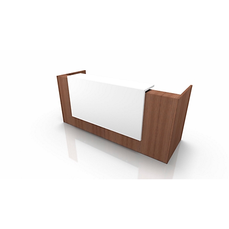 A modern reception desk in brown and white. The counter has a white surface and a wood-look cladding.
