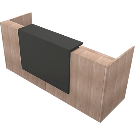 A light wooden desk with a black plate. The desk has a rectangular shape.