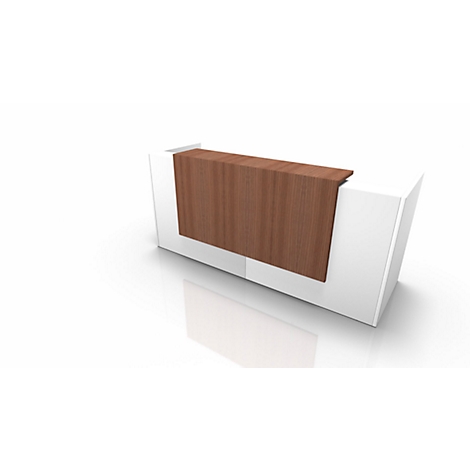 Desk with white body and brown wooden top, on a white background.