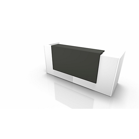 Modern reception desk, white with anthracite front. Minimalist design on white background.