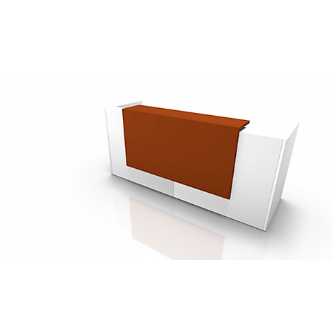 White reception desk with a brown front, set against a white background with reflection.