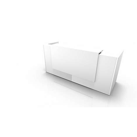 White reception desk on a white background, minimalist.