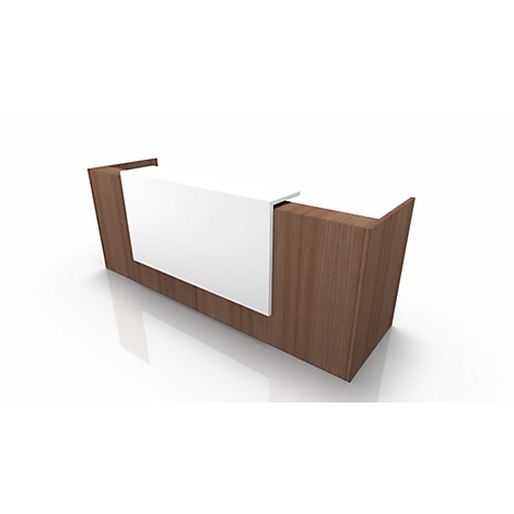 Wooden reception desk with white front. On a glossy surface against a white background.