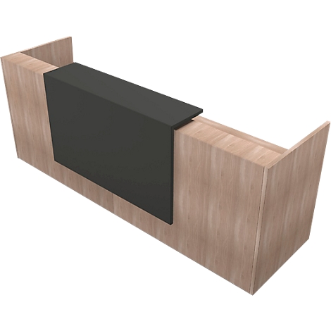 Wooden construction with black element, perspective view. The construction consists of light brown wood and a black, rectangular element.