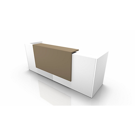 White reception desk with brown shelf. Simple, modern design, against a white background.