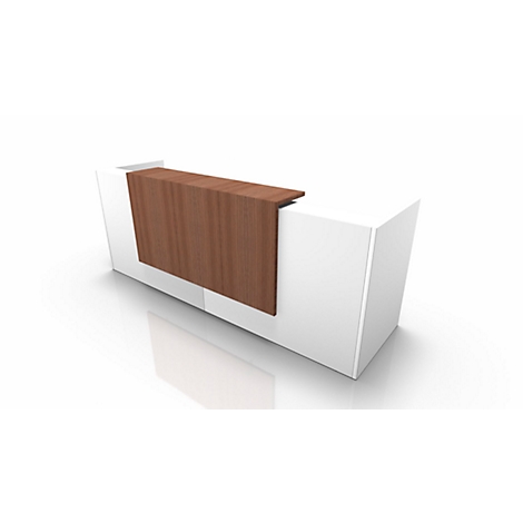 White reception desk with wood paneling. The wood is cross-grained and the top is designed as a counter.