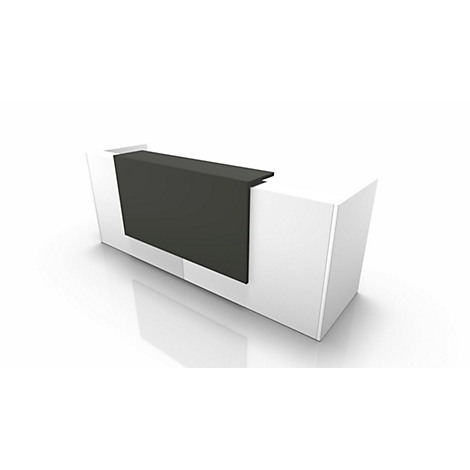 White reception desk with black top, on a white background. The surface is glossy.