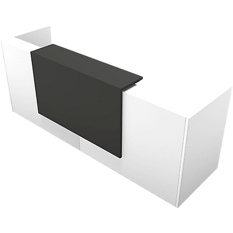 White reception desk with black front panel.