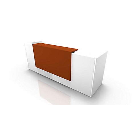 White reception desk with a brown front panel. The desk stands in front of a light background.