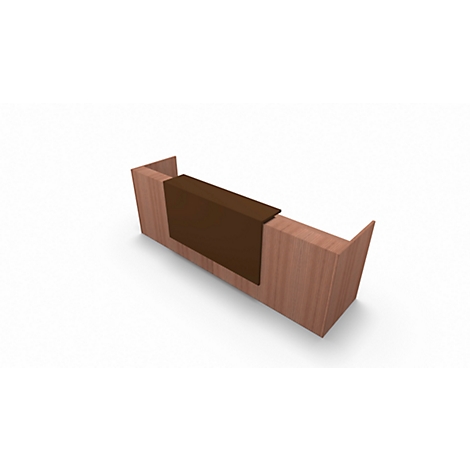 Wooden counter in shades of brown with a darker counter top. It stands against a white background.
