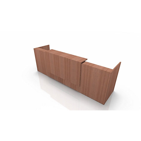 A rendering of a wooden reception desk on a white background, with clean lines and angles.