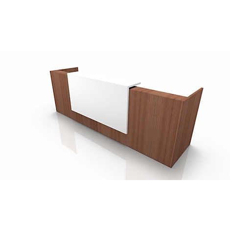 Modern wooden reception desk with white shelf, in front of light background.