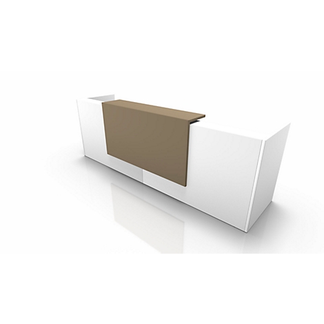 A white reception desk with a brown, slightly overhanging front. The counter stands on a white background.