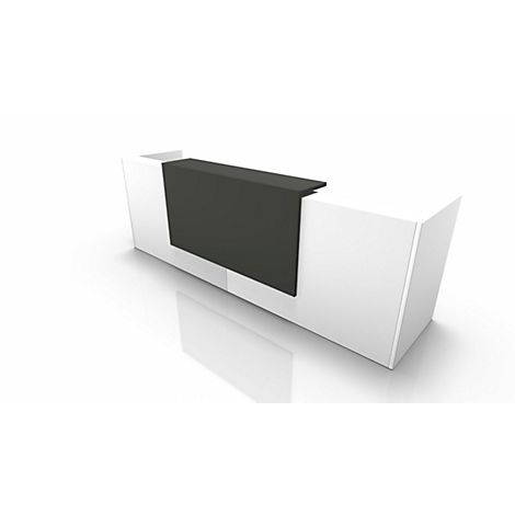 White reception desk with a black front, slightly angled, with reflection on a white background.