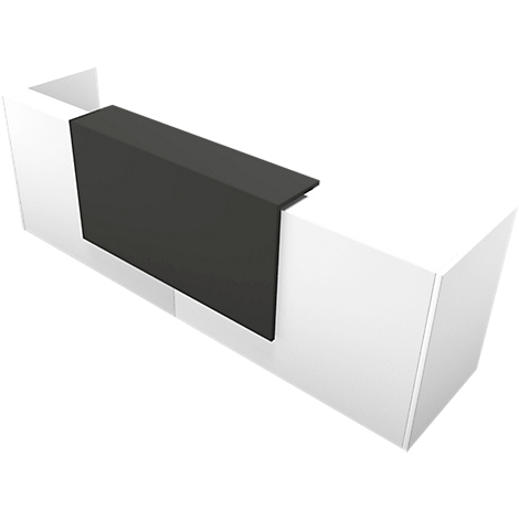 White reception desk with black trim. Perspective view, slightly from above.